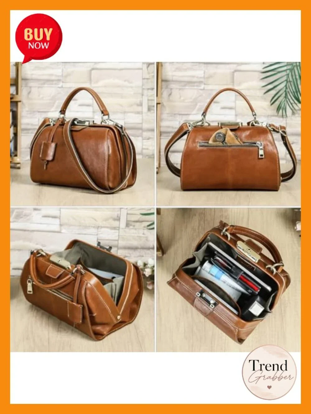 Full Grain Leather Doctor Bag Purse Top Handle Bag with Key Lock